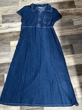 Meg Lauren dark wash denim short sleeve maxi dress